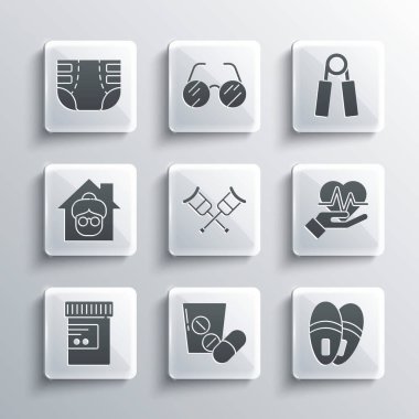 İlaç hapı ya da tablet, terlikler, kalp atışı, koltuk değnekleri, şişe ve haplar, huzurevi, yetişkin bezi ve spor büyütme ikonu. Vektör