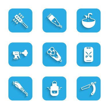 Elektrikli tıraş bıçağı, berber önlüğü, düz, çevrimiçi servis platformu, elektrikli saç makası, saç spreyi şişesi, çamaşır leğeni ve saç fırçası ikonu. Vektör