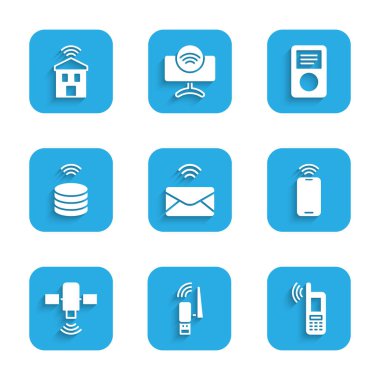 Posta ve e-postayı ayarla, Usb kablosuz adaptör, kablosuz bağlantı, kablosuz ağ, uydu, akıllı veri sunucusu, müzik çalar ve ev simgesi ile Mobil. Vektör