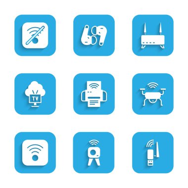 Smart yazıcı sistemini, web kamerasını, Usb kablosuz adaptörünü, insansız hava aracını, Wi-Fi internetini, Tv 'yi, Router' ı ve Wi-fi sinyalini ayarla ve simge yok. Vektör