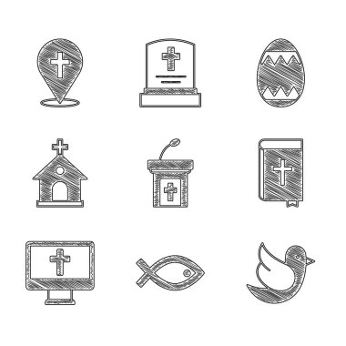 Kilise vaaz tribünü, Hristiyan balık sembolü, güvercin, kutsal kitap, çapraz izleme, bina, Paskalya yumurtası ve kilise ikonu. Vektör