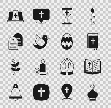Hristiyan kilise kulesi, kutsal İncil kitabı, kadeh, güvercin, Papa şapkası ve Paskalya yumurtası ikonu. Vektör