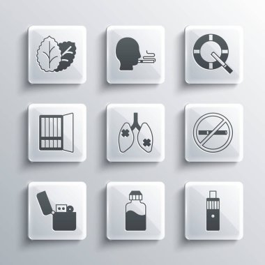 Vape sıvı şişesi, mod cihazı sigara içilmez, hastalık ciğerleri, çakmak, sigara tabakası, sigara ikonlu tütün yaprağı ve kül tablası. Vektör