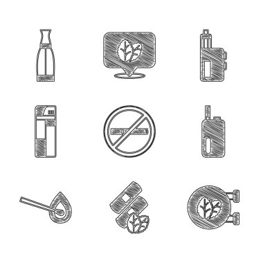 Sigara içme, medikal nikotin bantları, tütün yaprağı dükkanı, elektronik sigara, ateşle yanan kibrit, çakmak, Vape mod cihazı ve sıvı şişe ikonu. Vektör