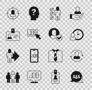 Proje üssü, değiş tokuş, çalışma süresi, özgeçmiş, arama işi, kimlik kartı, kafa avcılığı ve işçi simgesi ayarla. Vektör