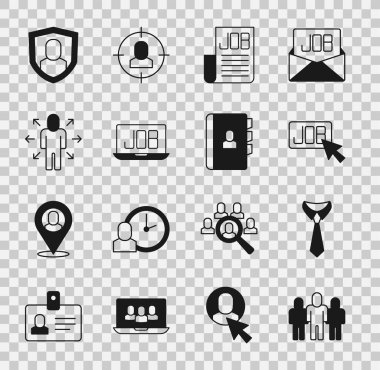 Proje üssü, Kravat, Arama işi, Çok Görevli Yönetici çalışması, Kullanıcı koruması ve Devam simgesini ayarla. Vektör