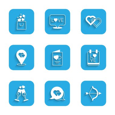 Sevgililer Günü broşürü, Kalp konuşma balonu, Yay ve Ok, 14 Şubat takvimi, Şampanya kadehi, Konum Kalbi, İki Bağlı Kalp ve Alışveriş poşeti ikonu. Vektör