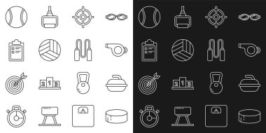 Hokey diski, Curling spor oyunu için Stone, Whistle, Target, Voleybol, Spor antrenman programı, Tenis ve Zıplama ipi ikonu. Vektör