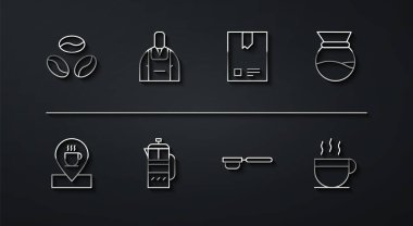 Kahve çekirdekleri, kahve fincanının olduğu yer, bardakların döküldüğü yer, filtre tutacağı, Fransız presi, barista ve torba ikonu. Vektör