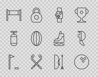 Golf bayrağı, bowling topu, kalp atış hızını gösteren akıllı saat, buz hokeyi sopaları, voleybol ağı, rugby, ok kılıfı ve kask maskesi ikonu. Vektör