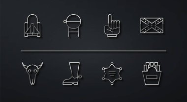 Uzay limanından roket fırlatma hattı, Buffalo kafatası, Bayrak Konfederasyonu, Hexagram şerifi, Kovboy çizmesi, Barbekü ızgarası, Kutuda patates kızartması ve bir numaralı hayran eldiveni ikonu. Vektör