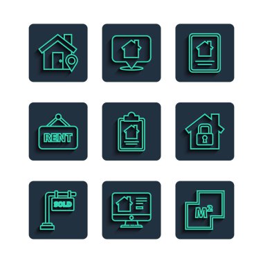 Satıldı, Çevrimiçi emlak evi, ev planı, sözleşme, kira, konum ve koruma ikonu ile sınırlandırma tabelası. Vektör