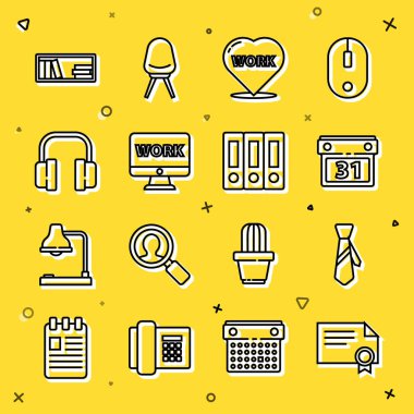 Satır Sertifika şablonu, Kravat, Takvim, Metin Çalışmalı Kalp, Monitör, Kulaklık, Raff kitapları ve Ofis dizinleri simgesini ayarla. Vektör