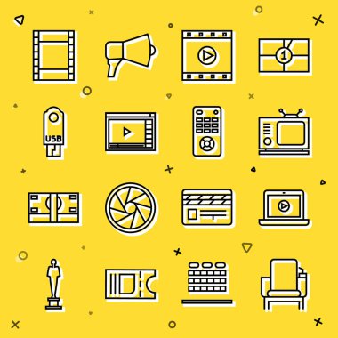 Set line Cinema koltuğu, Online play video, Retro TV, Play Video, USB flash disk ve uzaktan kumanda simgesi. Vektör