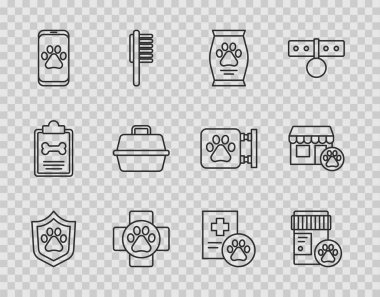 Hayvan sağlığı sigortası, köpek ilacı şişesi, yiyecek çantası, veteriner kliniği, hayvan taşıma çantası, klinik kayıt cihazı ve hastane ikonu. Vektör