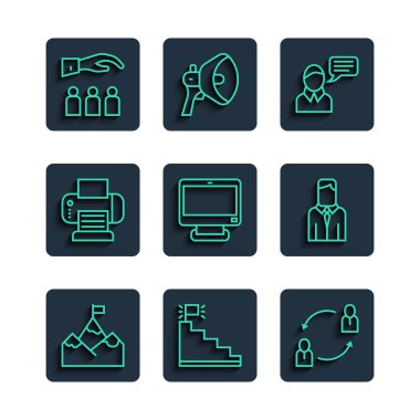 Sıra dağlarını bayrak, merdiven bitirme, insan kaynakları, konuşma balonu sohbeti, bilgisayar monitörü, yazıcı, patron çalışan ve işçi simgesi ile ayarla. Vektör