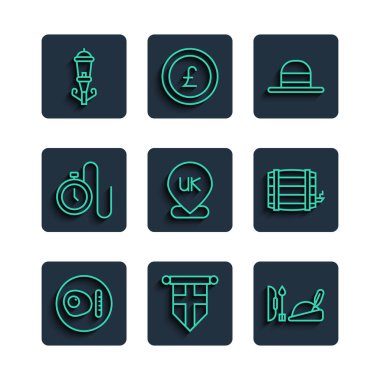 İngiliz kahvaltısı, İngiltere bayrağı, Robin Hood şapkası, zarif kadınlar, lokasyon, zincirli saat, klasik sokak lambası ve tahta varil ikonu. Vektör