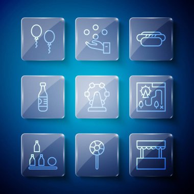 Şişe topu, lolipop, bilet gişesi, Hotdog, dönme dolap, su, balonlar ve lunapark haritası ikonu. Vektör