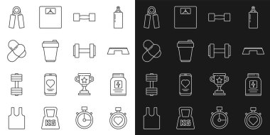 Kalp 'i merkez kronometreye, spor beslenmesine, Step platformuna, Dumbbell' a, fitness karıştırıcısına, genişleticiye ve ikona ayarla. Vektör
