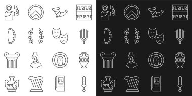 Orta Çağ kılıcı, Antik amforalar, Neptune Trident, Av boynuzu, Laurel çelengi, yay, Zeus ve Komedi ve trajedi maskeleri ikonu. Vektör