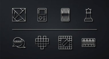 Satır çizgisi Rubik Küp, Uno Kart Oyunu, Satranç, Tahta, Pixel kalpleri, Tetris ve Tavla tahtası simgesi. Vektör