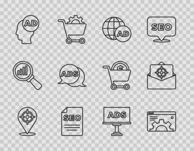 Satır Hedef Spor, Tarayıcı ayarı, Reklamcılık, SEO optimizasyonu, ve E- posta ve e-posta simgesi ayarla. Vektör