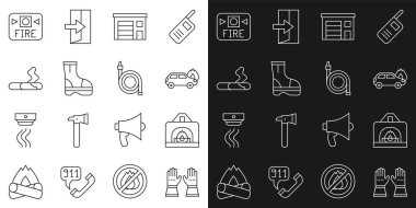 İtfaiyeci eldivenleri, şömine, yanan araba, istasyon binası, botlar, sigara, alarm sistemi ve hortum makarası ikonu. Vektör
