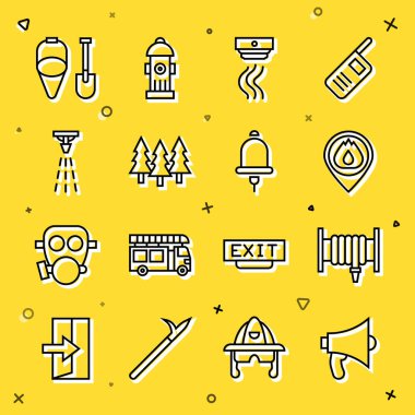 Hat hattı Megaphone, itfaiye hortumu, yangın aleviyle yer, duman alarmı sistemi, orman, fıskiye, kürek, kova ve zil ikonu. Vektör