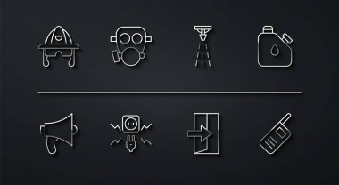 İtfaiye miğferi, megafon, teneke yakıt, çıkış, elektrik kıvılcımı, gaz maskesi, telsiz ve fıskiye ikonu. Vektör