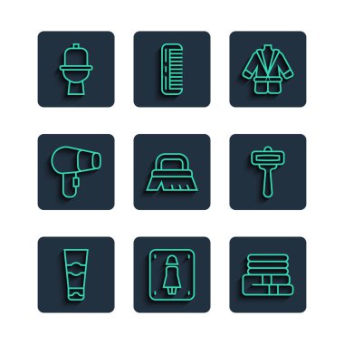 Diş macunu tüpü, kadın tuvaleti, havlu yığını, bornoz, temizlik fırçası, saç kurutma makinesi, klozet ve tıraş makinesi ikonu. Vektör