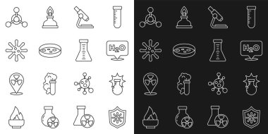 Hat kalkanını virüsten, kimyasal patlamadan, H2O 'nun formülünden, mikroskoptan, bakteri, molekül ve test tüpünden ve şişe ikonundan koru. Vektör