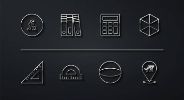 Satır Fonksiyon matematiksel sembolünü, üçgen cetvel, Geometrik şekil küpünü, Küre, Protractor, Ofis dizinleri, x glifinin kare kökü ve Hesap makinesi simgesini ayarla. Vektör