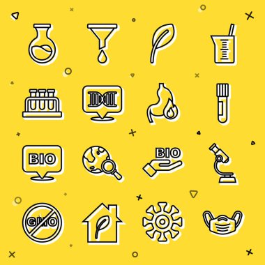 Tıbbi koruyucu maske, mikroskop, deney tüpü ve matara, yaprak ya da yapraklar, DNA sembolü ve mide yanması ikonu. Vektör