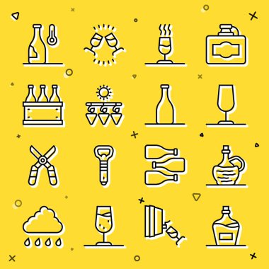 Eski şarap şişesi, İtalyan şarabı fiyaskosu, cam, tatma, degukasyon, kurutulmuş üzüm, şişe kutusu, sıcaklık ve ikon. Vektör