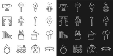 Trambolin, kurdeleli balonlar, pamuk şeker, dondurma külahı, atlıkarınca, sirk perdesi kalkıyor sallanan uçak ve sihirli değnek ikonu. Vektör