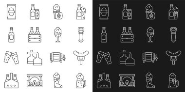 Ahşap bira kupası, çatalda sosis, şişe açacağı, bir bardak bira, bira kutusu ve ikon. Vektör