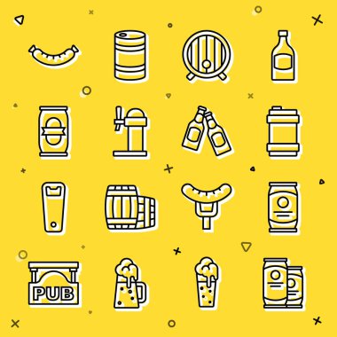 Çizgi bira kutusu, metal bira fıçısı, tahta fıçı, şeker kutusu, sosis ve şişe ikonu. Vektör