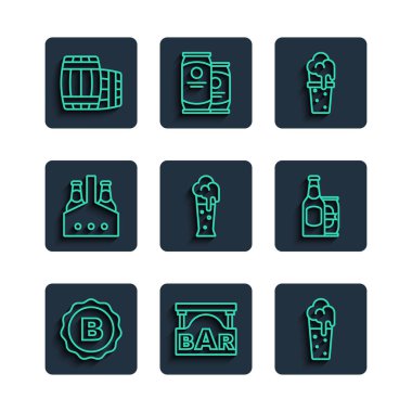 Bira, levha barı, şişe kapağı paket şişesi, tahta fıçı, bira ve kutu ikon. Vektör