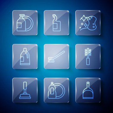 Lastik pompa, Bulaşık deterjanı, Dustpan, Sünger, Temizlik için fırça, Şişe Ajansı ve Tuvalet fırçası ikonu. Vektör