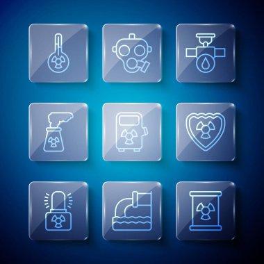 Radyoaktif uyarı lambası, atık su, atık varil, endüstriyel boru ve valf, elektrikli araba şarj istasyonu, nükleer enerji santrali, meteoroloji termometresi ve kalkan ikonu ayarlayın. Vektör