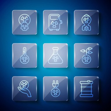 Radyoaktif hat, radyasyon elektrik prizi, fıçıdaki atık, nükleer bomba, test tüpü radyasyonu, meteoroloji termometresi ve ikon ayarlayın. Vektör