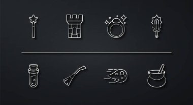 Sihirli değnek, iksirli şişe, ateşte kılıç, ateş topu, cadı süpürgesi, kale kulesi, kazan ve taş yüzük ikonu. Vektör