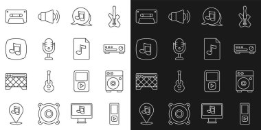 Satır Müzik çalar, Gitar yükseltici, Ses Karıştırıcı denetleyici, nota, ton, Mikrofon, Retro ses teybi ve MP3 dosya simgesi ayarla. Vektör