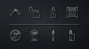 Sabit hat, kırık sigara, tütün yaprağı, puro, esrar, esrar, sigara, tütün, çakmak, Vape mod cihazı ve sıvı şişe ikonu yok. Vektör