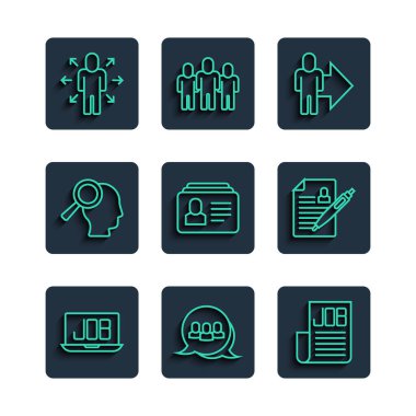 Satır Arama işi, Proje Ekibi Üssü, Yöneticilerin Lideri, Özgeçmiş, Arama için Büyüteç, Çoklu Görev Yöneticisi ve Simge. Vektör