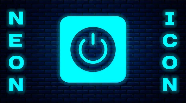 Leuchtende Neon Power Taste Symbol Isoliert Auf Backsteinwand Hintergrund Startschild — Stockvektor