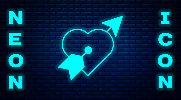 明亮的霓虹灯的象征与心脏和箭头图标隔离在砖墙的背景 爱的标志 情人节快乐 — 图库矢量图片