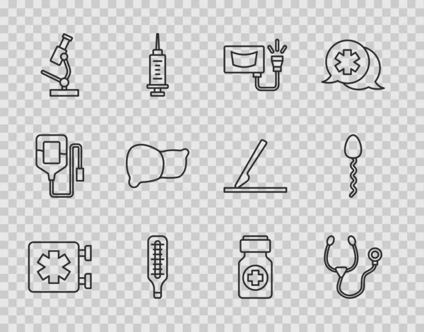 Nastavte Linku Lékařský Symbol Pohotovosti Stetoskop Ultrazvuk Teploměr Mikroskop Játra — Stockový vektor