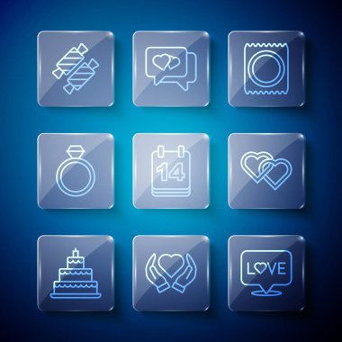 Sabit çizgi düğün pastası, kalp el, aşk mesajı, prezervatif paketi, 14 Şubat takvimi, yüzükler, şeker ve iki birbirine bağlı kalp ikonu. Vektör