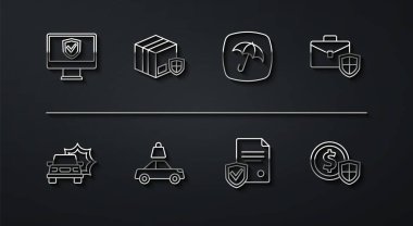 Çevrimiçi hat sigortası, araba kazası, rozetli çanta, sözleşme, sigorta, teslimat güvenliği, para ve şemsiye ikonu. Vektör